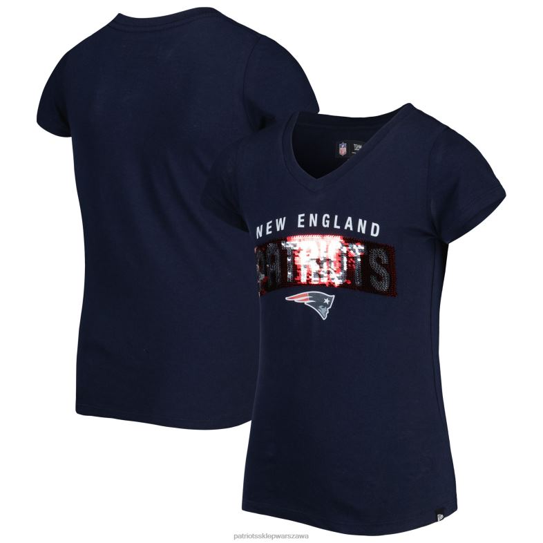 Patriots Jersey Dzieci dziewczęcy t-shirt z dekoltem w szpic w kolorze granatowym z odwróconymi cekinami New Era odzież 6RBB3117