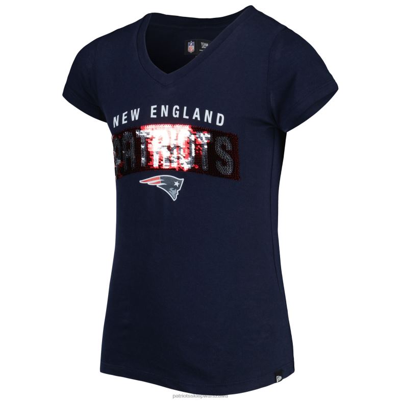 Patriots Jersey Dzieci dziewczęcy t-shirt z dekoltem w szpic w kolorze granatowym z odwróconymi cekinami New Era odzież 6RBB3117