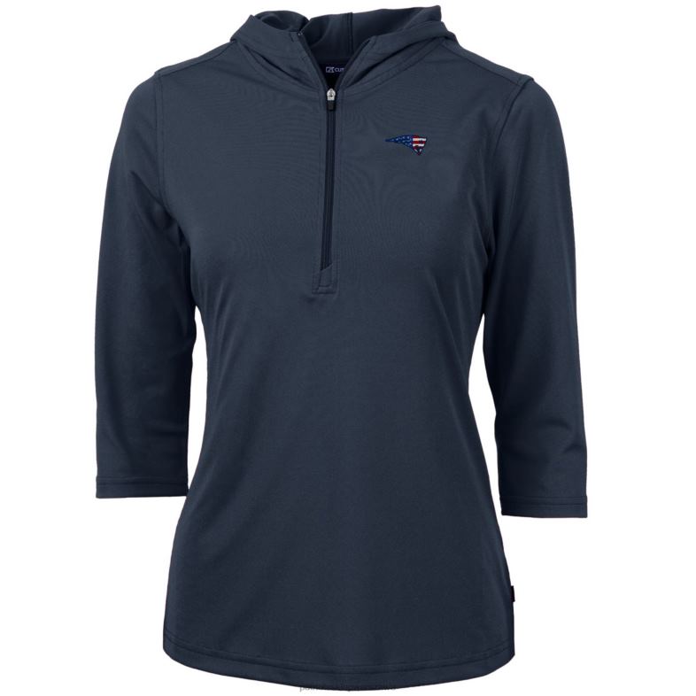 Patriots Jersey kobiety Cutter & Buck Granatowa bluza z kapturem z ekologicznej piki z rękawem 3/4 i suwakiem do połowy odzież 6RBB1057
