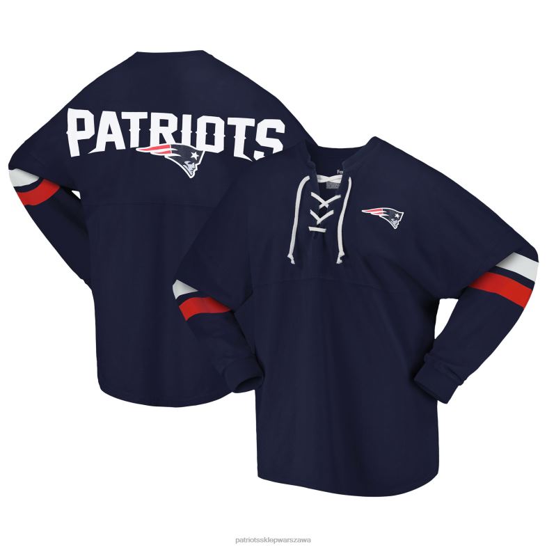 Patriots Jersey kobiety Fanatics branded granatowy, sznurowany t-shirt z długimi rękawami i dekoltem w szpic odzież 6RBB2703