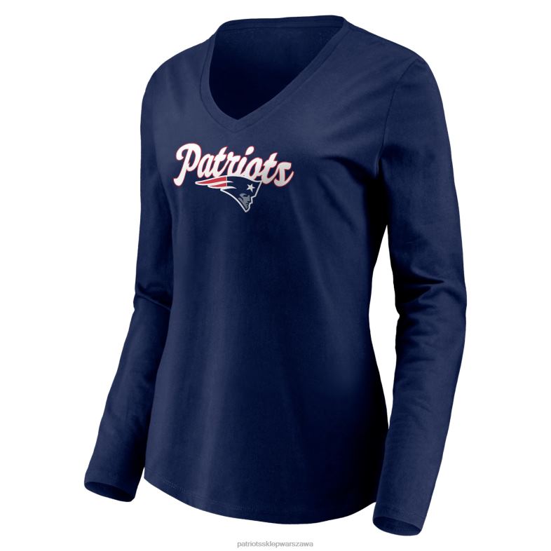 Patriots Jersey kobiety Fanatics markowa granatowa koszulka z długimi rękawami i dekoltem w szpic odzież 6RBB2805