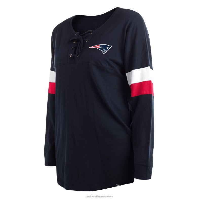 Patriots Jersey kobiety New Era granatowy plus size sportowy, sznurowany t-shirt z długimi rękawami i dekoltem w szpic odzież 6RBB2708