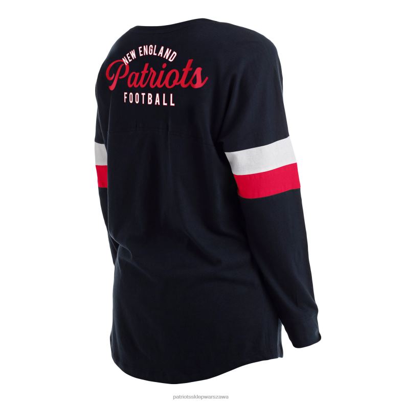 Patriots Jersey kobiety New Era granatowy plus size sportowy, sznurowany t-shirt z długimi rękawami i dekoltem w szpic odzież 6RBB2708
