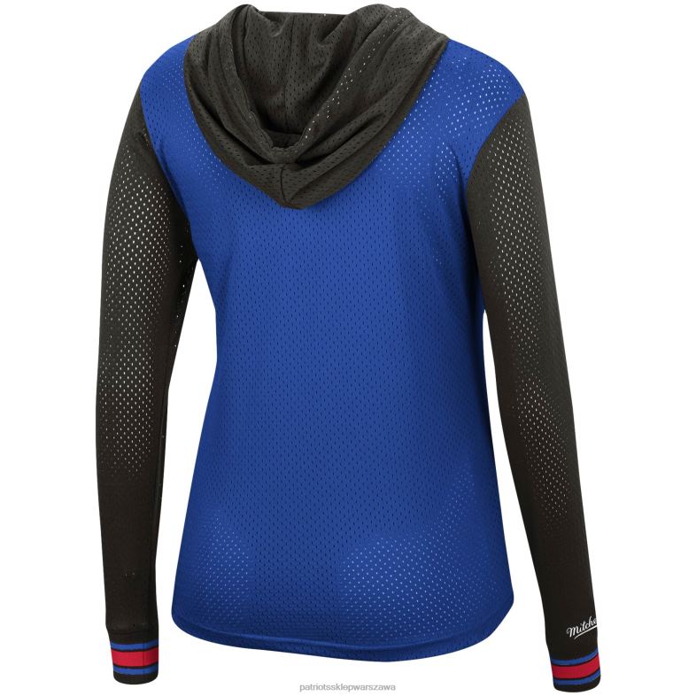 Patriots Jersey kobiety mitchell & ness royal/czarna, siateczkowa bluza z kapturem i długim rękawem z historycznym logo odzież 6RBB2719