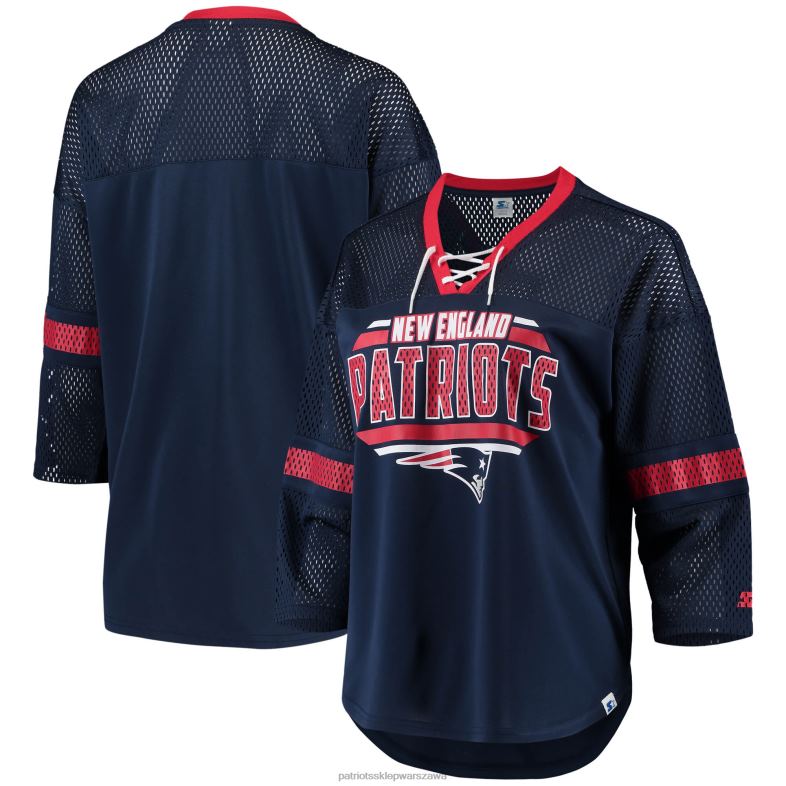 Patriots Jersey kobiety startowa granatowa, sznurowana koszulka z dekoltem w szpic i rękawem 3/4 odzież 6RBB2787