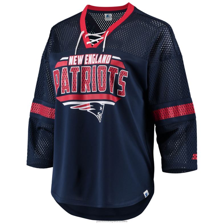 Patriots Jersey kobiety startowa granatowa, sznurowana koszulka z dekoltem w szpic i rękawem 3/4 odzież 6RBB2787