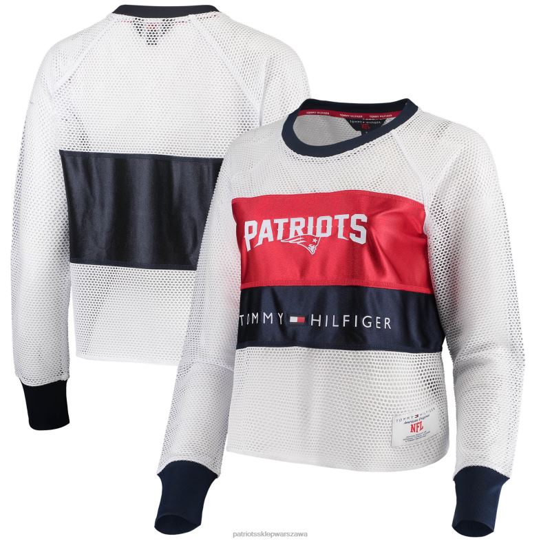 Patriots Jersey kobiety tommy hilfiger biało-czerwony raglanowy t-shirt z długimi rękawami odzież 6RBB2759