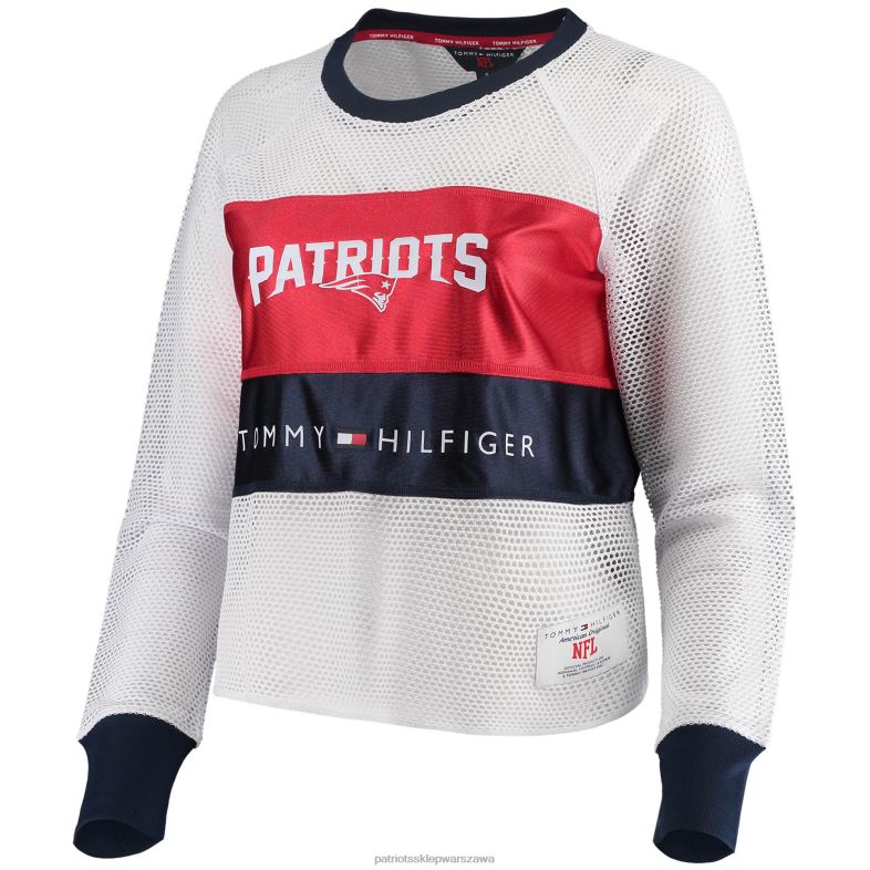 Patriots Jersey kobiety tommy hilfiger biało-czerwony raglanowy t-shirt z długimi rękawami odzież 6RBB2759