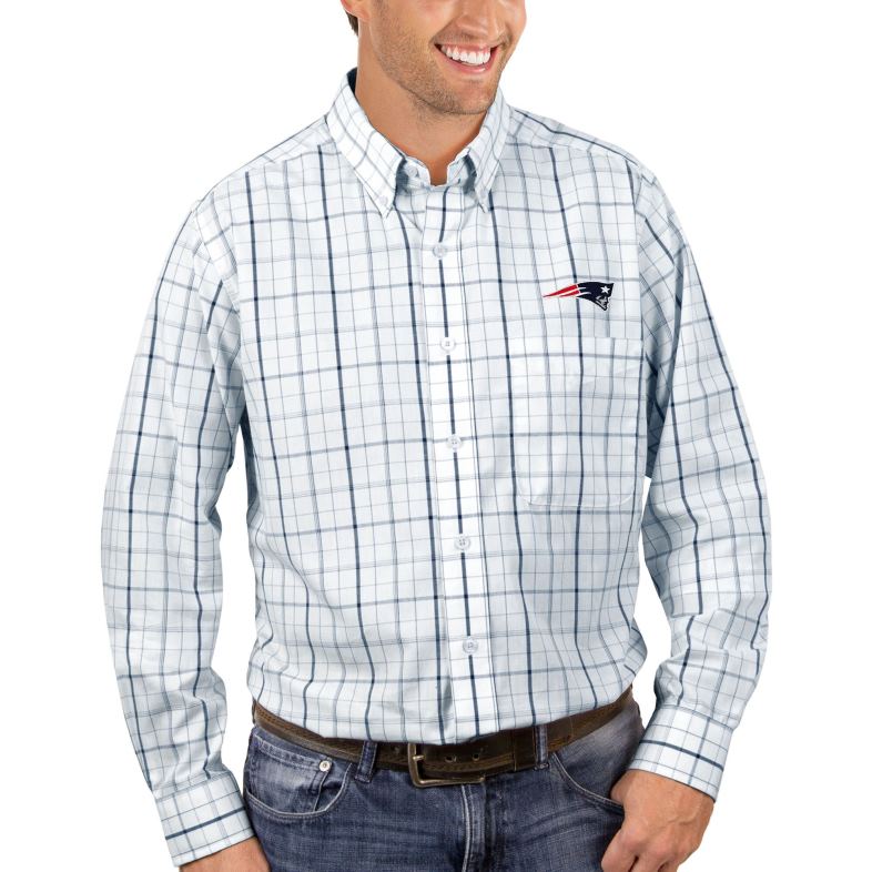 Patriots Jersey mężczyźni Antigua biało-granatowa koszula z długim rękawem zapinana na guziki odzież 6RBB1677