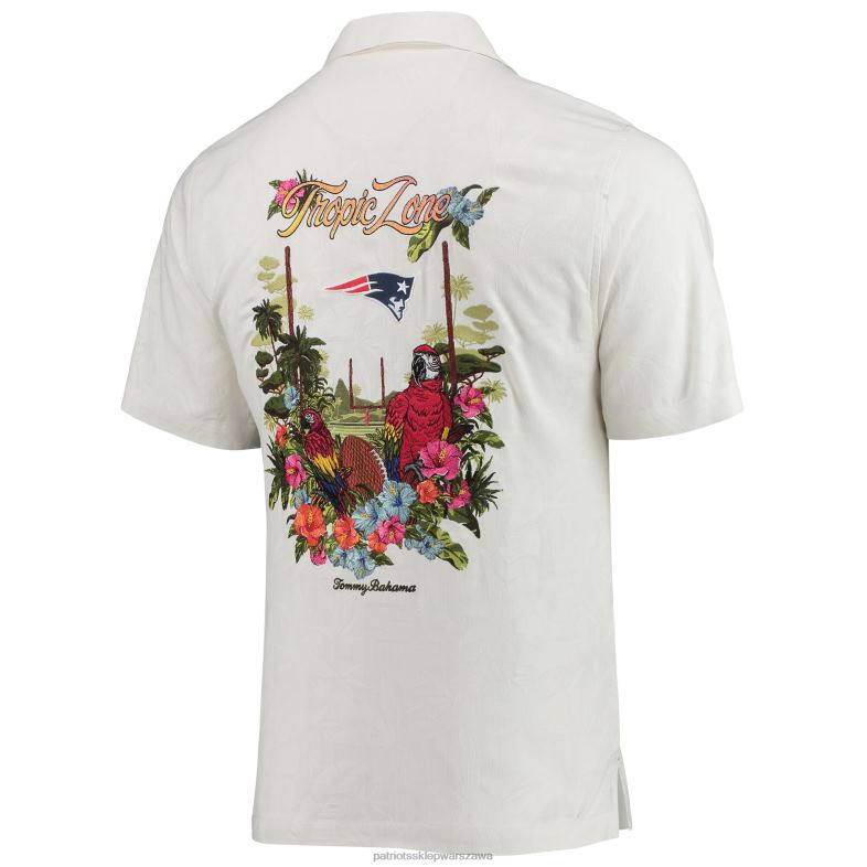 Patriots Jersey mężczyźni Biała zapinana koszula Tommy Bahama Tropic Zone Camp odzież 6RBB1684