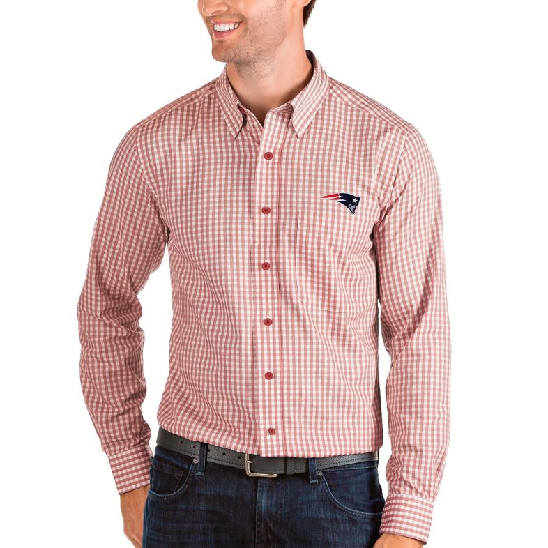 Patriots Jersey mężczyźni zapinana na guziki zapinana na guziki koszula z długimi rękawami Antigua w czerwono-białą strukturę odzież 6RBB1683