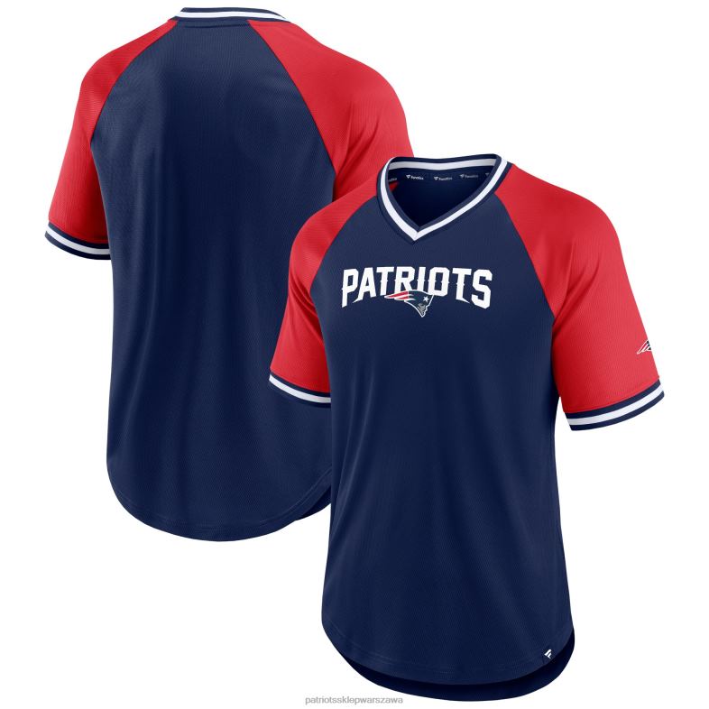 Patriots Jersey mężczyźni Fanatics brandowana granatowo-czerwona koszulka z raglanowym dekoltem w szpic odzież 6RBB1858