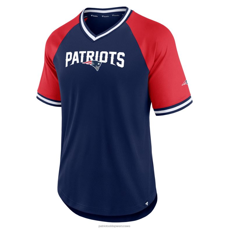 Patriots Jersey mężczyźni Fanatics brandowana granatowo-czerwona koszulka z raglanowym dekoltem w szpic odzież 6RBB1858