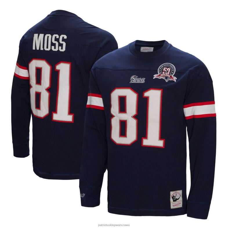 Patriots Jersey mężczyźni Mitchell & ness Randy Moss Granatowy top z długim rękawem z imieniem i nazwiskiem emerytowanego gracza odzież 6RBB1854