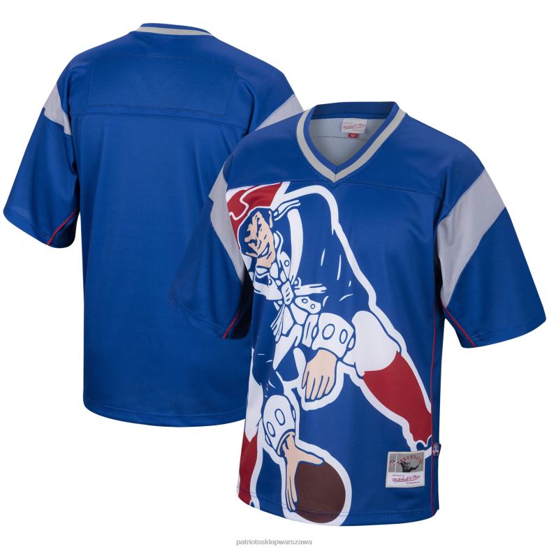 Patriots Jersey mężczyźni Mitchell & ness Royal Big Face T-shirt z historycznym logo i dekoltem w szpic odzież 6RBB2003