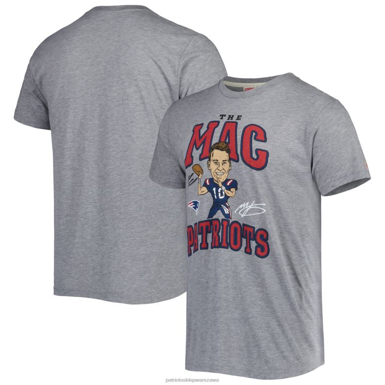 Patriots Jersey mężczyźni T-shirt Homage Mac Jones Heathered Grey Caricature Player Tri-Blend odzież 6RBB1987