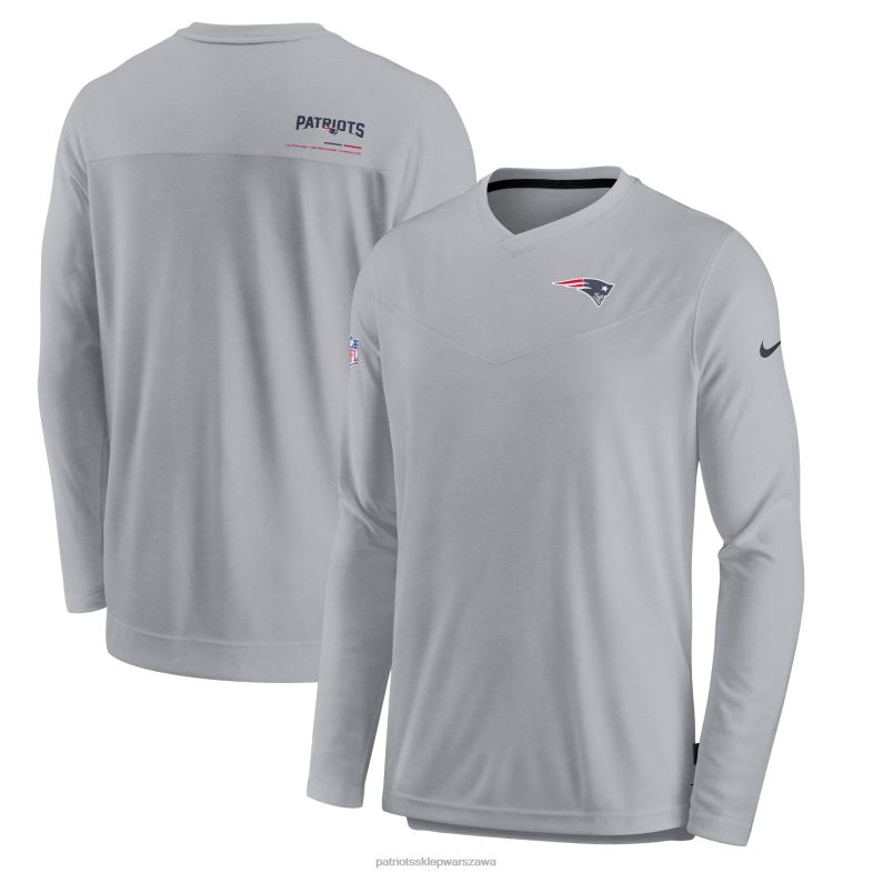 Patriots Jersey mężczyźni szara koszulka nike sideline coach chevron lock up z długimi rękawami i dekoltem w szpic odzież 6RBB1930