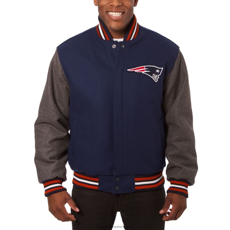 Patriots Jersey mężczyźni jh design granatowo-szara wełniana kurtka zapinana na zatrzaski odzież 6RBB2151